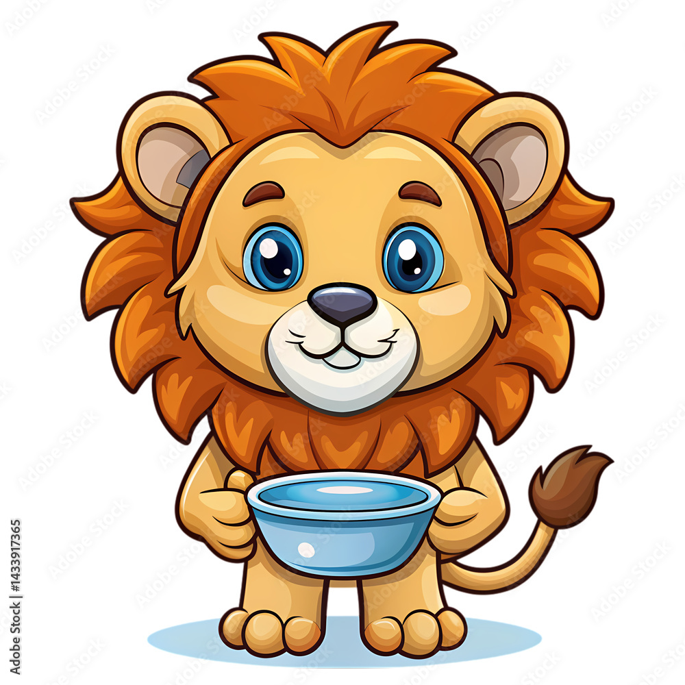 Fototapeta premium Cute Cartoon Lion Cub Holding Bowl Adorable Lion Illustration Baby Animal Image Kids Clipart Animal Cartoon Lion Drawing on transparent background