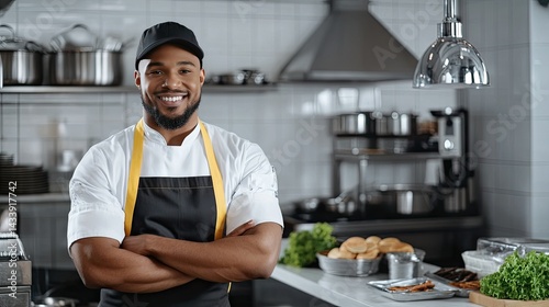Portrait of an African American restaurant worker in a busy fast-food kitchen, showcasing cheerfulness and professionalism in a modern dining setting