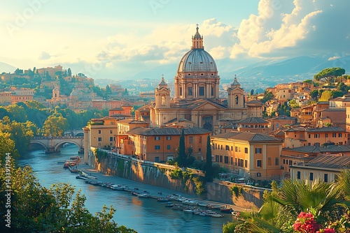 Scenic rome cityscape with tiber river and basilica under cloudy sky