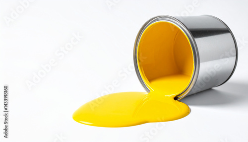 Fototapeta Naklejka Na Ścianę i Meble -  Large open metal can of yellow paint spilled isolated on white background.