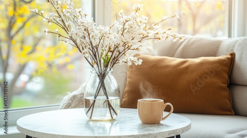 Delicate white flowers in an elegant glass vase brighten a warm living room filled with sunlight and serene ambiance
