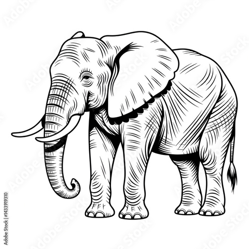 ‎A black and white elephant illustration line art of a coloring page