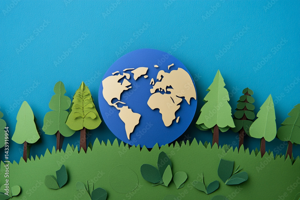 Naklejka premium world environment day - green branch and leaves roll around circle globe on dark green background.