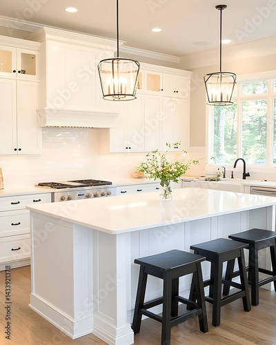 Bright, airy kitchen with white cabinetry, a large center island, and black stools  Natural light streams in from a large window