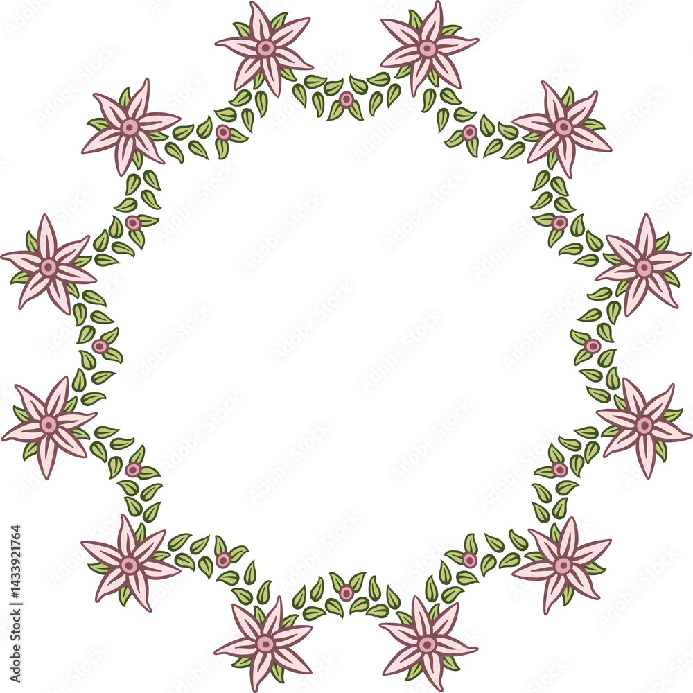 Obraz premium Circular garland with flowers and leaves. Illustration made with a garland of flowers and leaves on a white background creating a circular border.
