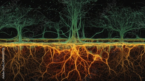 Abstract illustration of trees with interconnected roots, underground network concept. Perfect for ecology, science, and environmental themes.