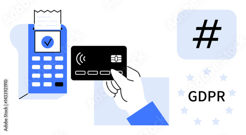 Contactless payment with card, receipt, and compliance concepts thumbs up GDPR. Ideal for e-commerce, fintech, digital security, financial apps, compliance, data privacy simple landing page