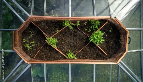 Bird’s-eye view of an octagonal raised bed in a greenhouse, bordered with copper mesh and dividers to deter slugs and crawling pests—ideal for illustrating organic pest control methods
