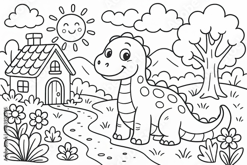 Cute Cartoon Dinosaur in a Sunny Landscape