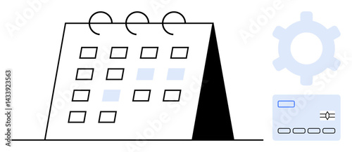 Calendar with marked dates, gear for settings or customization, and card for payment details. Ideal for planning, scheduling, organization, time management, automation customization workflow. Flat