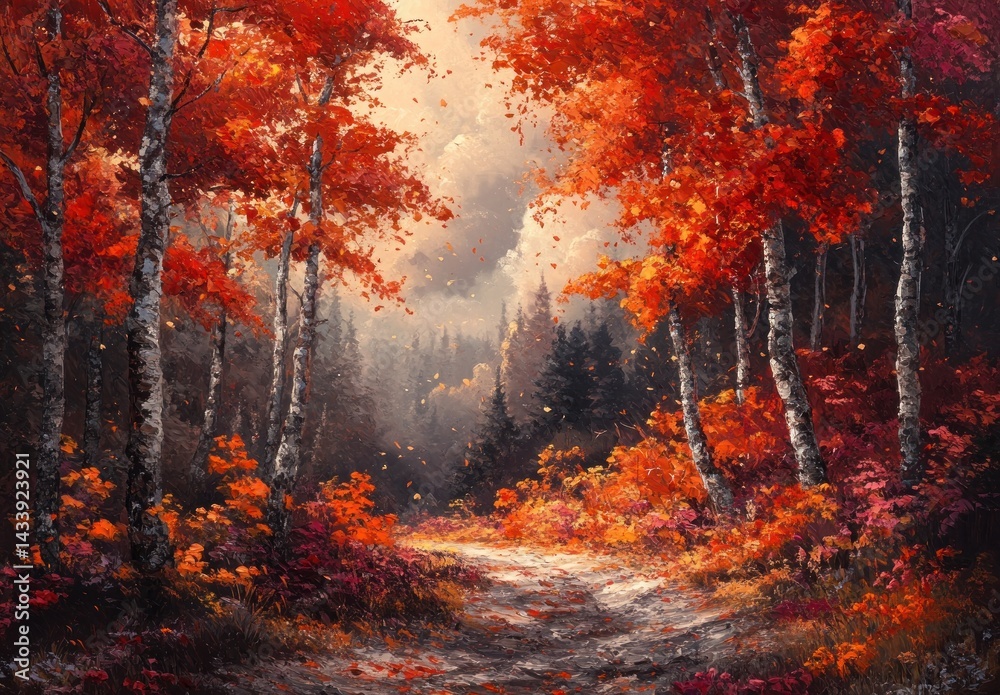 Vibrant Autumn Landscape with Red and Orange Foliage in a Forest Pathway Surrounded by Birch Trees Vibrant Autumn Landscape with Red and Orange Foliage in a Forest Pathway Surrounded by Birch Trees