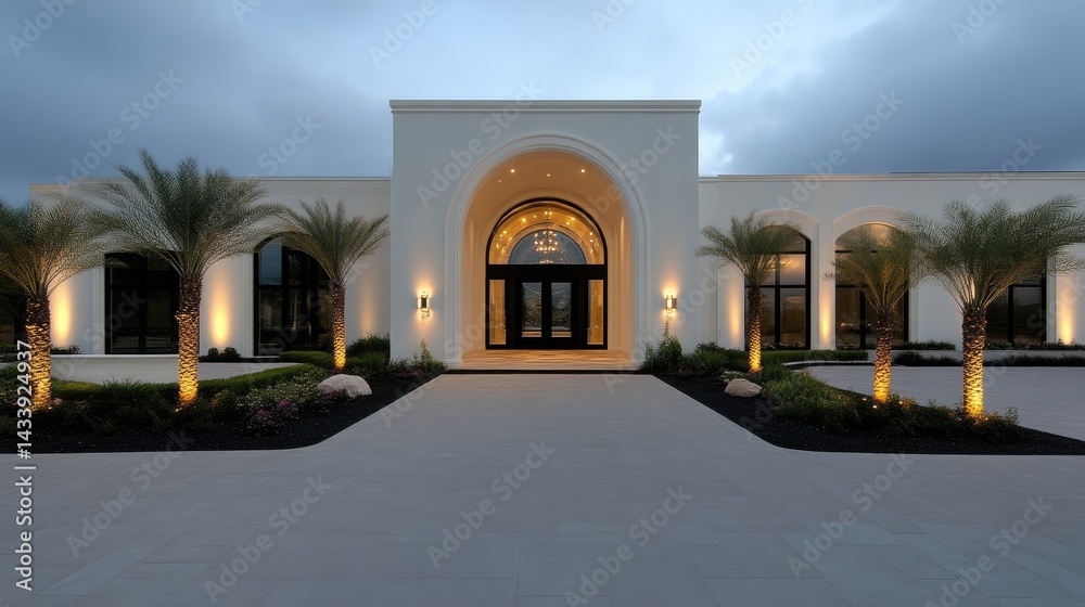 Fototapeta premium Elegant, modern mansion entrance at dusk. Well-manicured landscaping, modern architecture