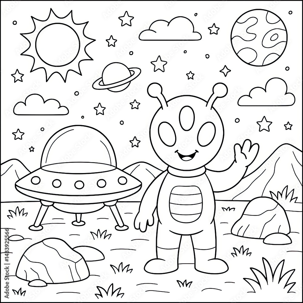Fototapeta premium Friendly Cartoon Alien Waving Near Spaceship in Space Landscape