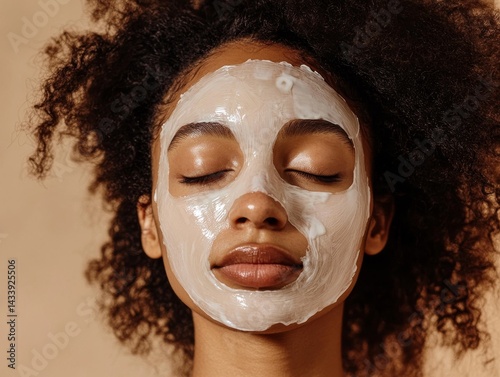 A cosmetic sheet mask is being applied to the face of a lovely young black woman