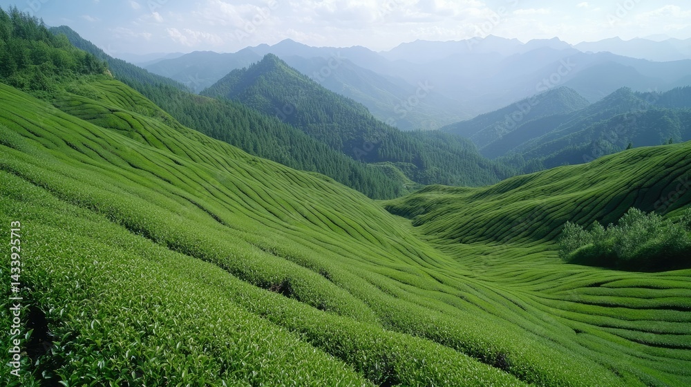 Fototapeta premium Lush green tea fields stretch across rolling hills under a clear blue sky in the mountains during the day