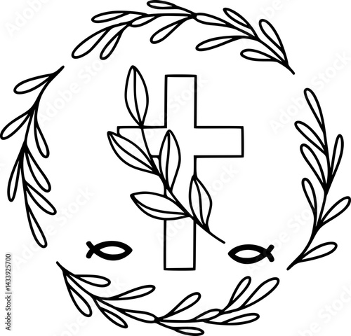 Floral wreath design element  Communion Cross with Leaf Outline Playful Hand Drawn