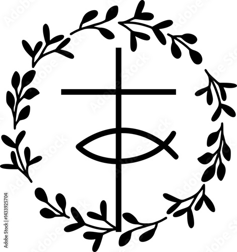 Floral wreath design element  communion cross with fish Outline Playful Hand Drawn