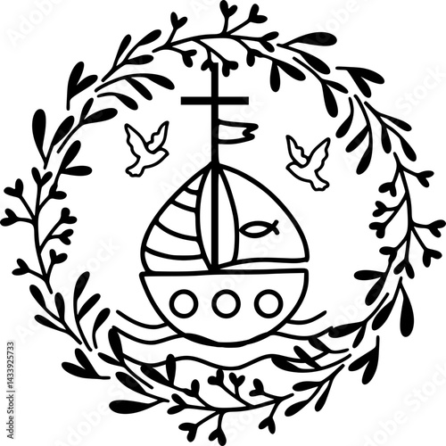 Froral Wreath Communion Ship with Dove Outline Playful Hand Drawn