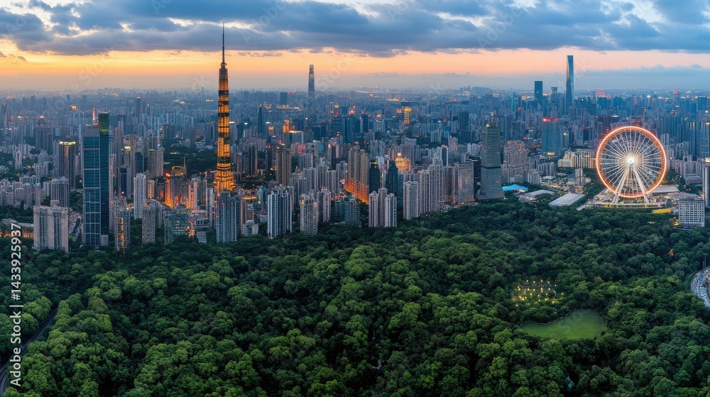 Obraz premium As dusk settles over the city skyline, the illuminated buildings create a stunning backdrop, while a vibrant ferris wheel stands proudly amidst the surrounding greenery