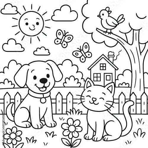 Happy Dog and Cat in a Sunny Garden Illustration