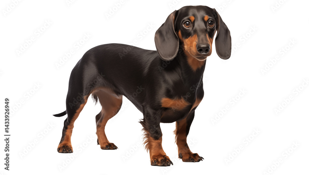 A dachshund standing in a studio with a black and tan coat and long floppy ears looking at the viewer png