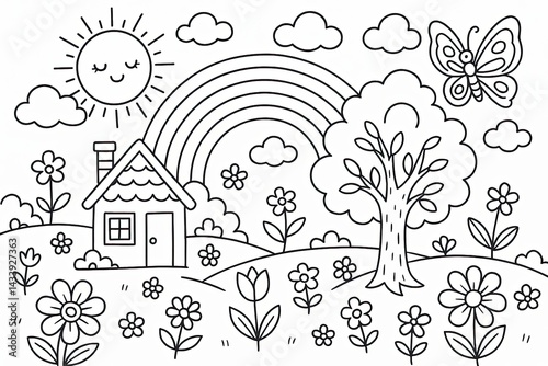 Whimsical Black And White Coloring Page Of A House, Rainbow, Butterfly, And Flowers