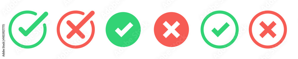 Green tick and red cross checkmarks. Yes or no symbol, approved or rejected icon for user interface. Right or wrong icons. Green tick and red cross checkmarks. Yes or no symbol, approved or rejected icon for user interface. Right or wrong icons.