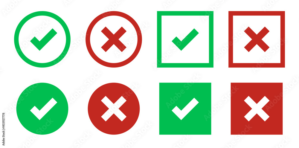 Green tick and red cross checkmarks. Yes or no symbol, approved or rejected icon for user interface. Right or wrong icons. Green tick and red cross checkmarks. Yes or no symbol, approved or rejected icon for user interface. Right or wrong icons.