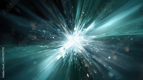Abstract light burst with teal rays, energy explosion concept. Perfect for science, technology, and futuristic designs.