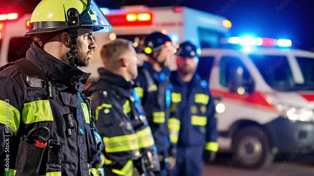 Emergency Response Team in Uniforms Standing Together at Night Near Ambulance with Flashing Lights Emergency Response Team in Uniforms Standing Together at Night Near Ambulance with Flashing Lights