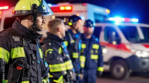 Emergency Response Team in Uniforms Standing Together at Night Near Ambulance with Flashing Lights