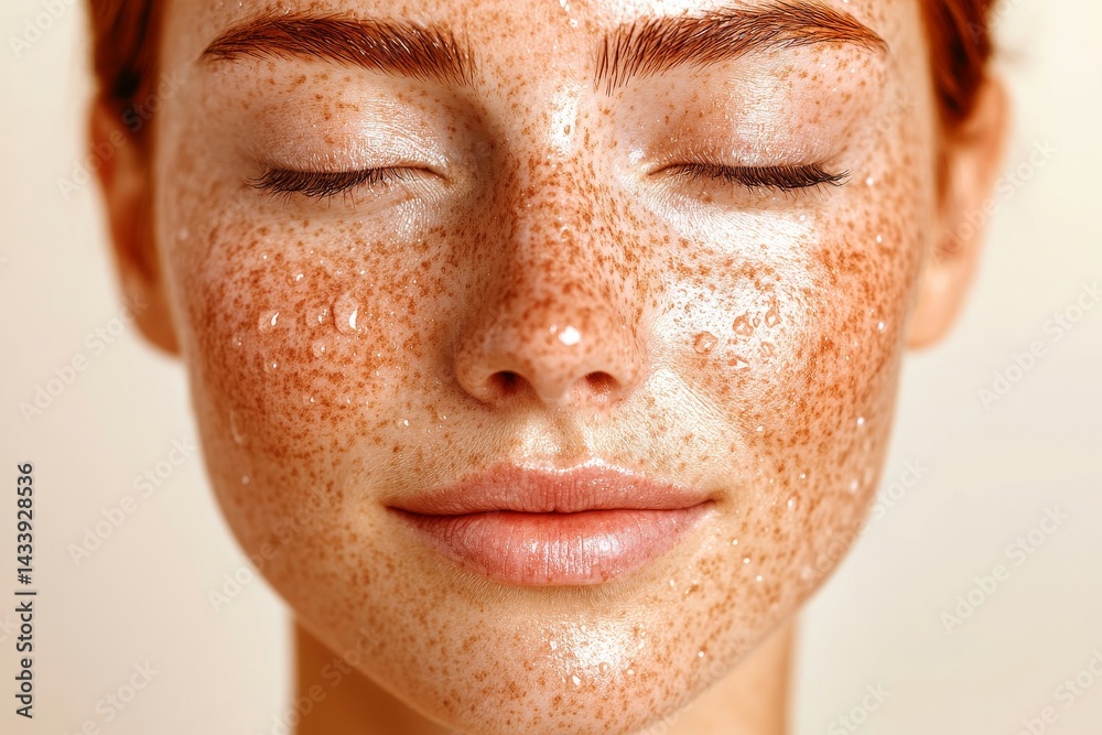 Fototapeta premium A beautiful female model is used to represent the concept of dry skin care and beauty through the application of a hyaluronic acid moisturizing serum on her wet face