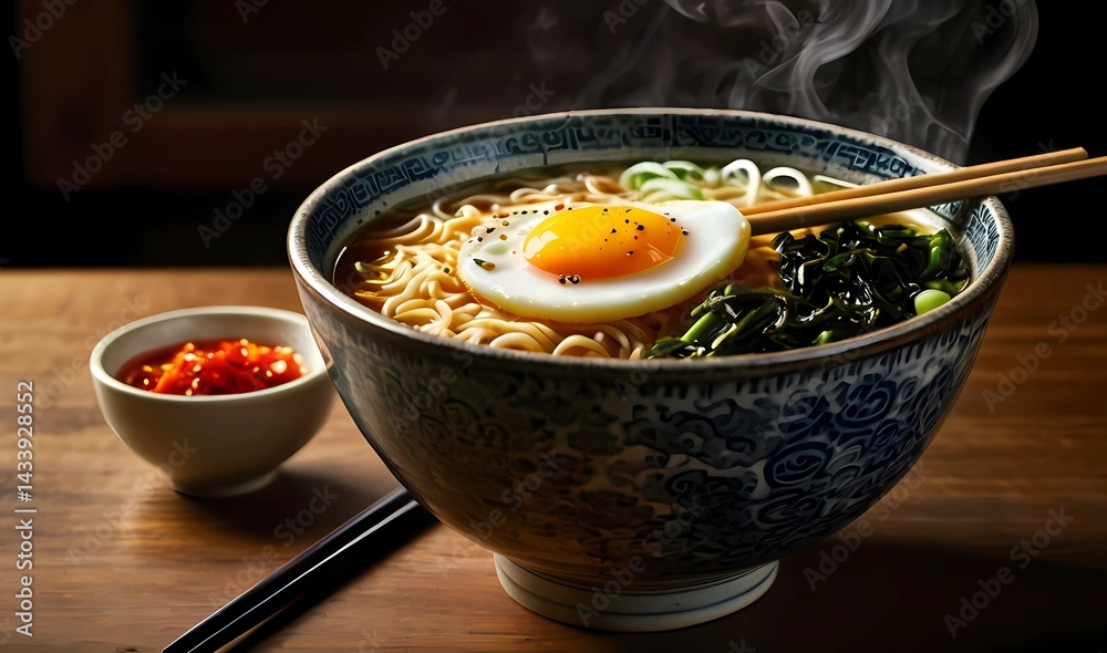 Steaming spicy ramen served in a ceramic bowl with egg, seaweed, pork, and green onion, enhanced by dramatic, warm restaurant lighting and chopsticks resting neatly on top. Steaming spicy ramen served in a ceramic bowl with egg, seaweed, pork, and green onion, enhanced by dramatic, warm restaurant lighting and chopsticks resting neatly on top.
