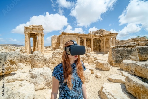 A woman delving into the annals of history, equipped with a VR headset, positioned among the colossal ruins of a ancient culture, establishes a connection between traditional learning methods and