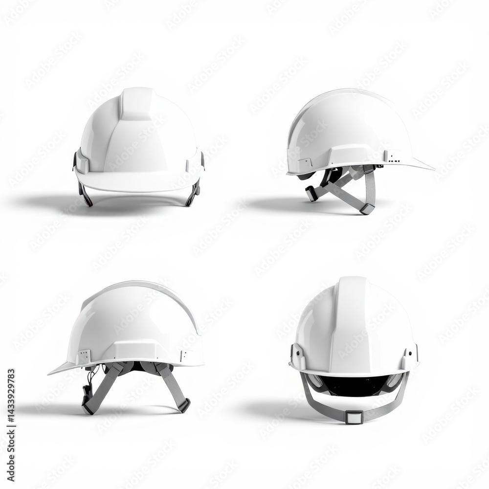 Fototapeta premium Blank Safety helmet mockup Two white hard hats placed side by side on a light surface.