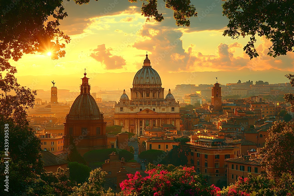 Obraz premium Breathtaking sunset over rome featuring st peters basilica and scenic view