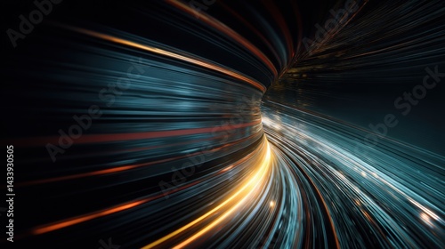 Abstract light streaks in a tunnel, speed and technology concept. Perfect for futuristic designs, digital backgrounds, and science visuals.