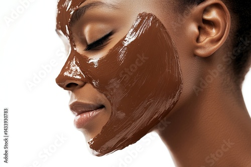 The young woman is taking pleasure in her chocolate face mask treatment