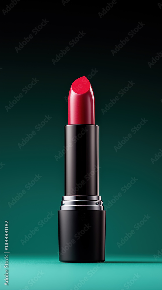 Obraz premium Bright red lipstick on a sleek black holder against a dark background