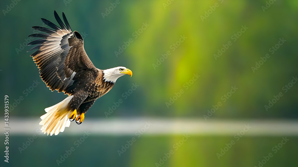 Obraz premium Bald Eagle Soaring Over Green Forest
