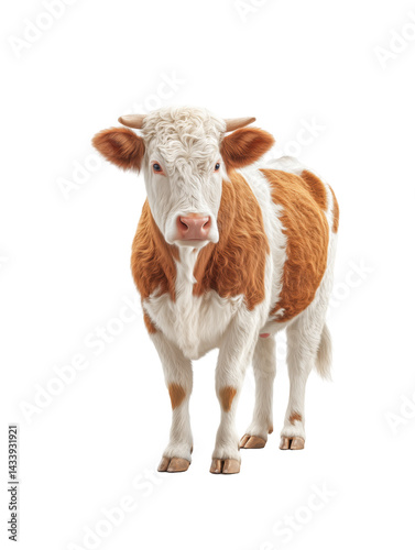 A young, adorable brown and white calf stands proudly, symbolizing the early stages of dairy and beef production, often associated with farming and agriculture.