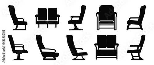Black and white illustration of theater seating or airplane seats in silhouette