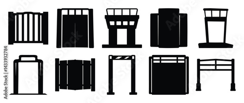 A Variety of Silhouetted Security Checkpoints and Barriers on White Background