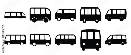Diverse Black Silhouette Bus and Transport Collection on White Background Illustration