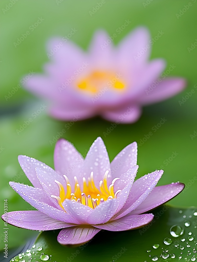 Two delicate, pale purple water lilies with yellow centers, adorned with water droplets, rest on vibrant green lily pads Two delicate, pale purple water lilies with yellow centers, adorned with water droplets, rest on vibrant green lily pads