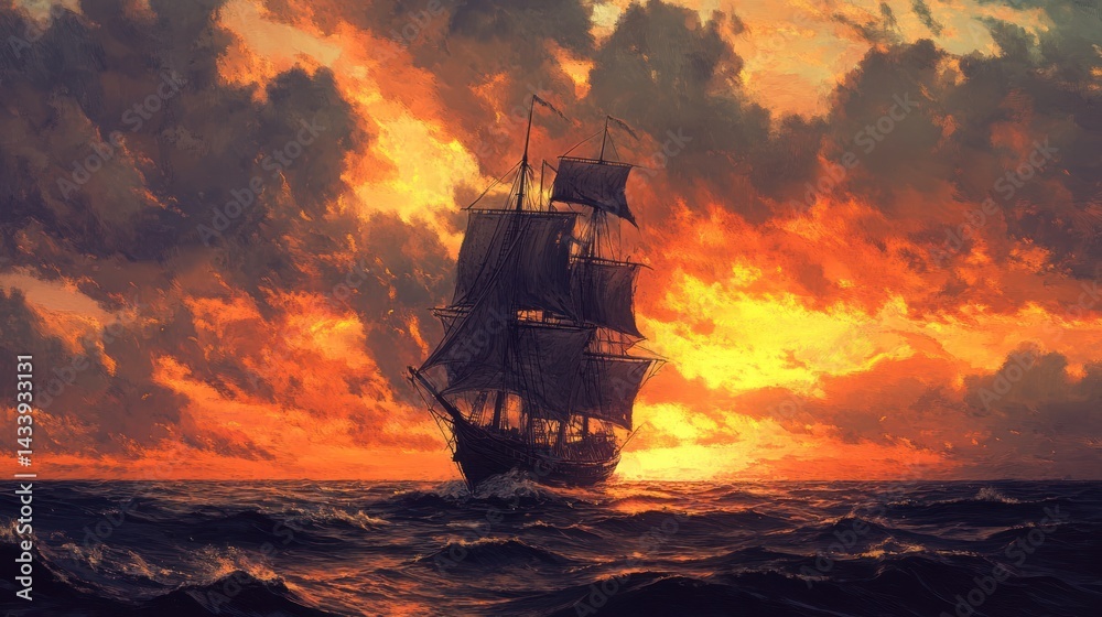 Obraz premium Majestic Tall Ship Sailing Under a Fiery, Dramatic Sunset Sky at Open Sea