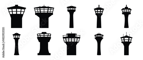 Ten Different Silhouettes of Airport Control Towers on a White Background