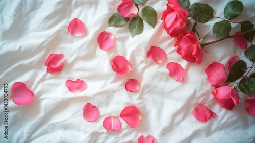 Gentle romance: Pink rose petals scattered on a crisp, white, rumpled bed sheet
