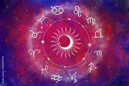 Western astrology circle with 12 zodiac symbols on a beautiful colorful starry space background. Vector illustration.