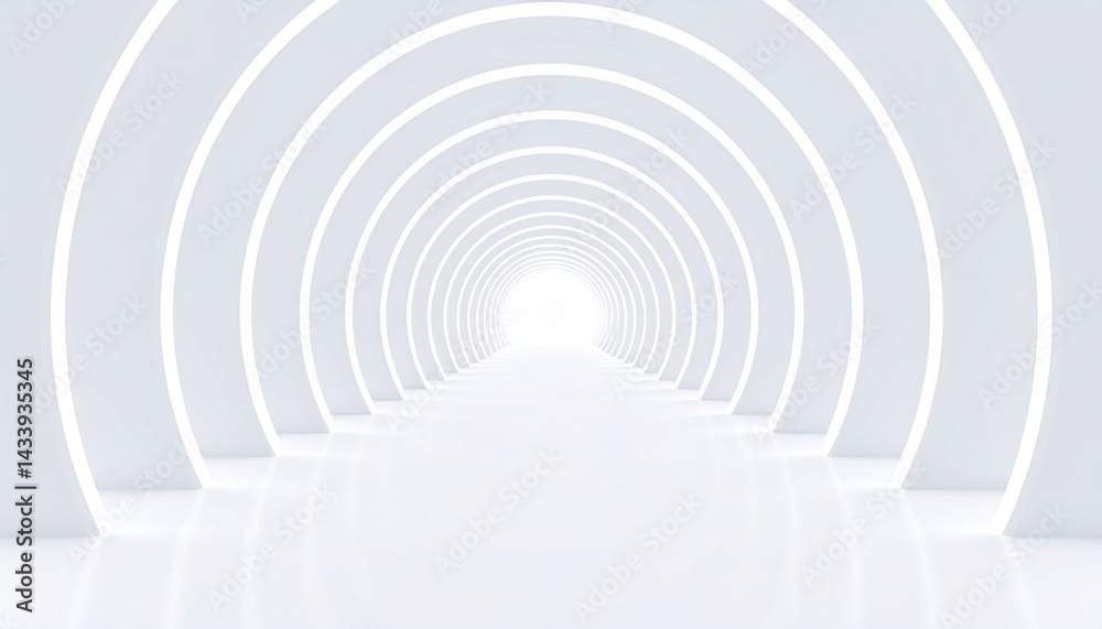 Naklejka premium Illuminated tunnel of white light modern interior design digital artwork minimalist style straight-on perspective creative concept for visual impact
